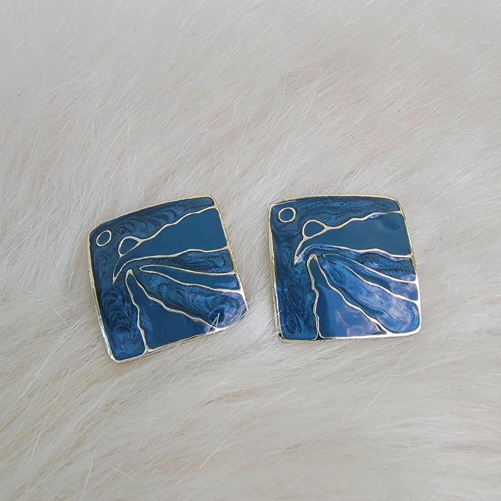Vintage enameled blue and silver clip on earrings